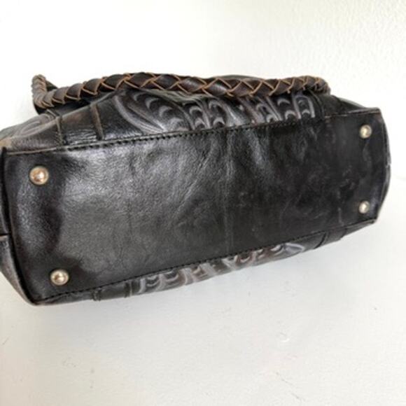 Patricia Nash Tooled Leather Tote Black Brown Fringe Handles Boho Western Bag - Picture 4 of 10